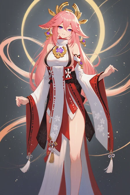 score_9, score_8_up, score_7_up, genshin impact, yae miko, animal ears, bare shoulders, breasts, detached sleeves, earrings, fox ears, fox girl, hair between eyes, japanese clothes, jewelry, large breasts, long hair, miko, pink hair, purple eyes, very long hair, wide sleeves, solo, solo focus, cowboy shot, dark background, Standing with one foot on a step, looking ahead., <lora:ahad:0.7>