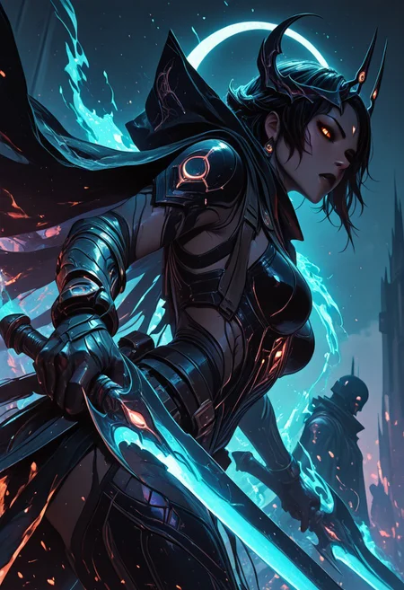 (masterpiece), (best quality), 8k, 1girl, celestial assassin, intense low lighting, glowing crescent blades, purple glow, dual-wielding, shadowed face, glowing eyes, dark eclipse sky behind her, glowing voidlight aura, Void crown, half crescent crown, orange eyes, mystical sigils, long flowing cloak fluttering, sci-fi fantasy armor with celestial patterns, moonlit silhouette, cinematic perspective, ethereal particles, radiant eclipse corona, sleek asymmetrical hairstyle, atmosphere of silent finality, black eyeshadow, Void flames, Burning Cloak, Flaming cloak, 
Action Shot, Slashing blades, Fierce expression, partical effects, dynamic, Dynamic position, Dynamic angle, Combat, intense, intense expression, Anger, Yelling, intense facial expression, Charging at viewer,  
Unique, close up, cowboy shot, dutch angle, foreshortening, 
From below, Looking at viewer, Close up, Face Focus,
