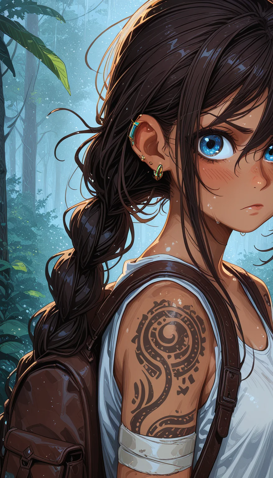 Shinkaistyle, masterpiece,
decarloxl, retro colors, 60s, retro, comic, fantasy,
jedopil, oil painting,
perfect eyes, vivid colors, vibrant colors, (lineless:1.5), light from front, 1girl, solo, long hair, breasts, looking at viewer, blush, bangs, blue eyes, brown hair, shirt, black hair, hair between eyes, bare shoulders, jewelry, medium breasts, very long hair, closed mouth, collarbone, white shirt, upper body, braid, sidelocks, sweat, earrings, small breasts, outdoors, sleeveless, day, indoors, dark skin, bag, vest, from side, dark-skinned female, wet, v-shaped eyebrows, looking to the side, sleeveless shirt, single braid, tattoo, frown, leaf, bandages, piercing, sunlight, backpack, tank top, plant, ear piercing, nature, armband, forest, backlighting, rain, braided ponytail, hoop earrings, bandaged arm, arm tattoo, shoulder tattoo, white tank top, dirty, brown bag, foliage
