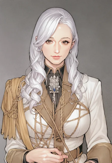 source_anime, score_9, score_8_up, score_7_up, 1girl, mature_female, solo, Posing as if pulling a rope, vanishing point, (Ivory military uniform), white hair, cropped torso, rating_safe, <lora:sdxl\pony diffusion\artist_styles\izayoi_seishin_pony:1.0>