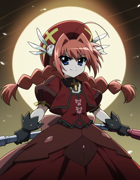 score_9, score_8_up, score_7_up, source_anime, <lora:vita-movie2-ponyxl-lora-nochekaiser:1>, vita, blue eyes, braid, ahoge, red hair, twin braids, rabbit hair ornament,, gloves, hat, dress, weapon, open clothes, open jacket, magical girl, red dress, cropped jacket, hammer,, restaurant, laughter, good food, warm lighting, celebration, smile, looking at viewer, smile, solo,, dutch angle,