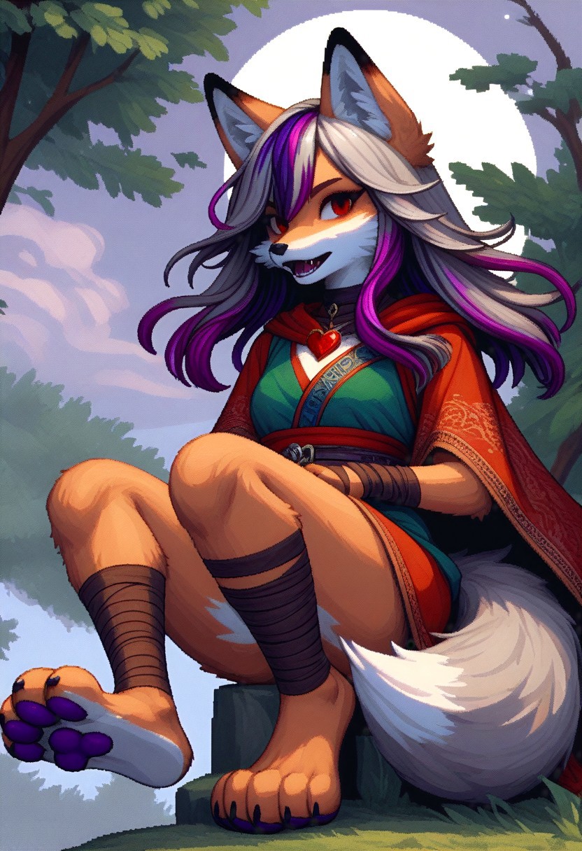 score_9, score_8_up, score_7_up, source_furry, fe4portraits, portrait, white background, pixel art,   source_furry, fox girl, sfxm, anthro, female furry, fox, fox tail, fox ears, body fur, fluffy, (paws:2), moon, trees, sitting, tunic, cape, scarf, heart-shaped pendant, leg wrap, bandages, (detailed red eyes:2), open mouth, fangs, (red hair, (violet highlights:2)),