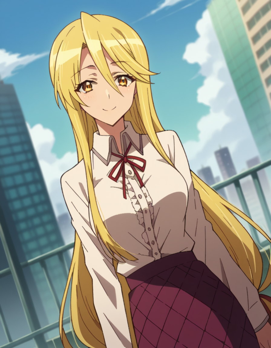 score_9, score_8_up, score_7_up, source_anime,
shizukamarikawa, <lora:shizuka-marikawa-ponyxl-lora-nochekaiser:1>,
shizuka marikawa, long hair, blonde hair, very long hair, low-tied long hair, yellow eyes, hair between eyes, smile,
skirt, shirt, long sleeves, ribbon, white shirt, frills, centered frills,
outdoors, cityscape,
looking at viewer, cowboy shot, dutch angle,