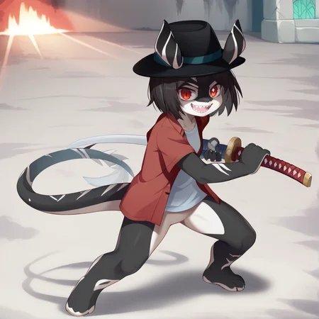 score_9, score_8_up, score_7_up, small body, vivid colors, solo, petite, melusine, black skin, white skin, dark hair, red eyes, straight ears, thin tail, red shirt, open shirt, short sleeves, katana, full body, standing, <lora:MelusineV4SDXL:1>, evil grin, (shaded_face:1.2), 1boy, (white t-shirt:1.5), (black fedora:1.2), outdoor, bottomless, holding a katana, fighting_stance, dynamic pose, dragon eyes, <lora:Draw_the_sword:1>, ready to draw, holding sword, ruined castle, open mouth, sharp teeth