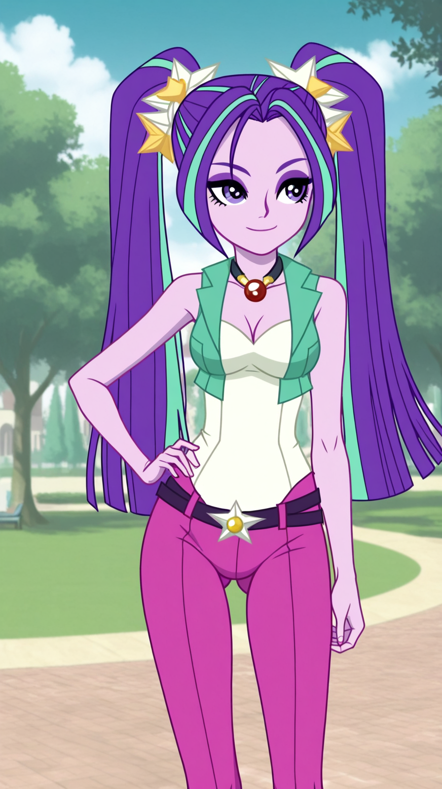 <lora:Aria_Blaze_Equestria_Girls_Rainbow_Rocks_illustrious:1>,aria,purple hair,purple eyes,long hair,twintails,streaked hair,star ornament,hair ornament,eyeshadow,colored skin,medium breasts,cleavage,tight pants,ass visible through thighs,hand on own hip,bare shoulders,pink pants, belt, 
outdoors,park,