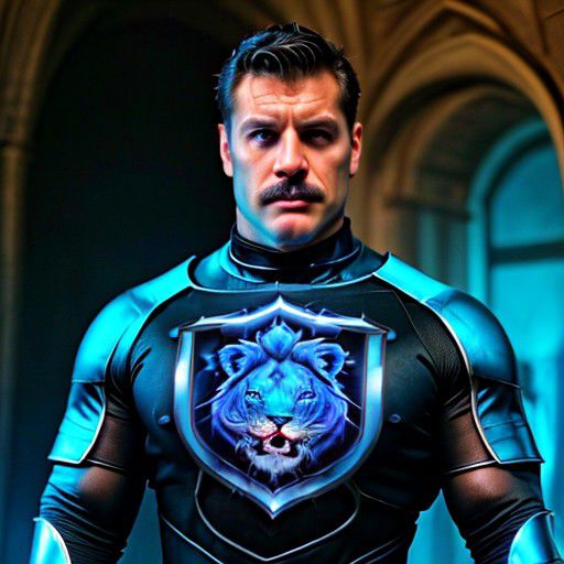 leoricvisionaries, 30 year old man, black hair, tight blue muscular superhero lycra suit, lycra pants, muscular body, handsome, lion emblem chest, cinematic masterpiece, medieval background, short hair, detailed face, cinematic,  sorcerer room background