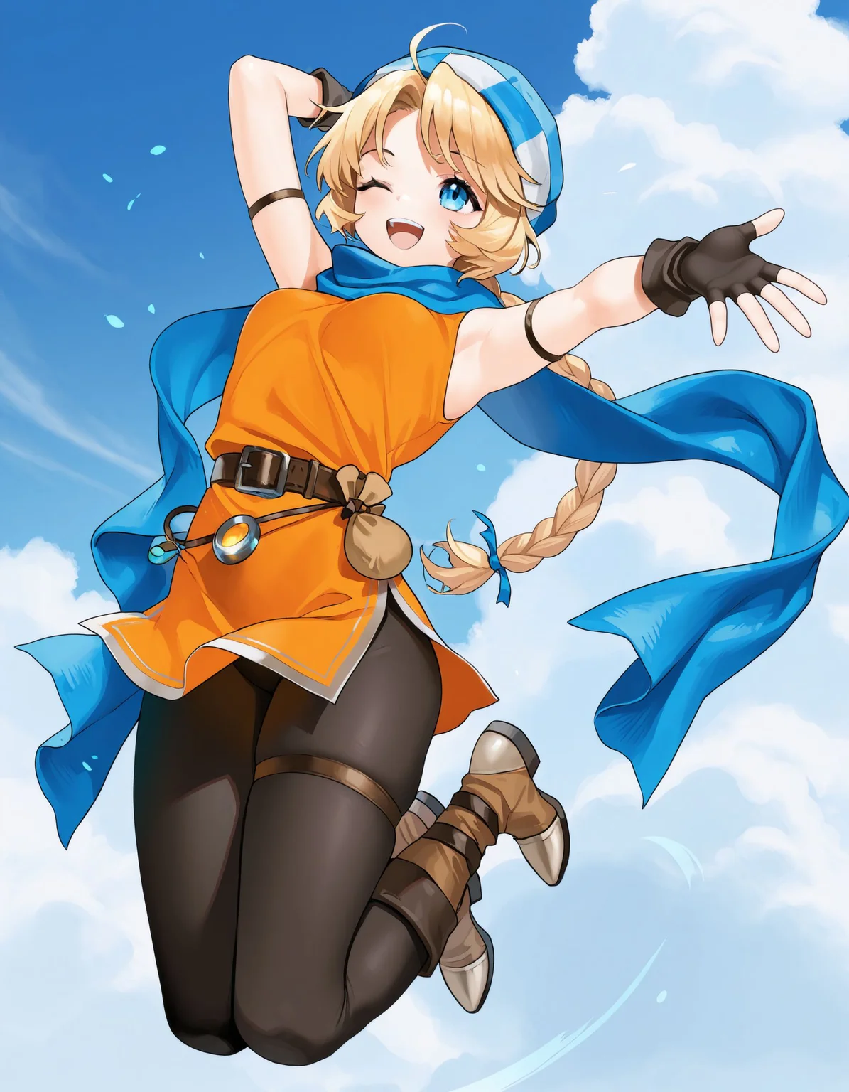1girl,solo,<lora:patty feh_illustriousXL:0.8>,patty feh,hat,scarf,armband,fingerless gloves,orange dress,belt,belt pouch,pantyhose,thigh strap,boots,full body,smile,one eye closed,open mouth,jumping,arm up,reaching,blue sky,cloud,simple background,masterpiece,best quality,amazing quality,