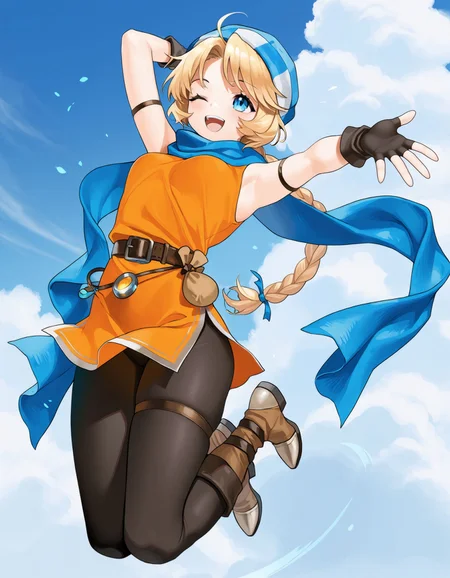 1girl,solo,<lora:patty feh_illustriousXL:0.8>,patty feh,hat,scarf,armband,fingerless gloves,orange dress,belt,belt pouch,pantyhose,thigh strap,boots,full body,smile,one eye closed,open mouth,jumping,arm up,reaching,blue sky,cloud,simple background,masterpiece,best quality,amazing quality,