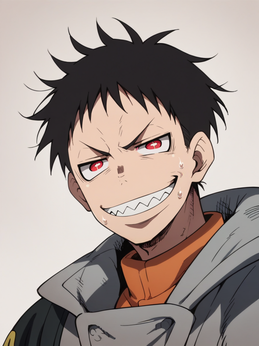 score_9, score_8_up, score_7_up, score_6_up, score_5_up, <lora:fforceXLP:1> fforce, 1boy, male focus, solo, black hair, smile, teeth, sharp teeth, grin, anime coloring, pink eyes, sweat, red eyes, close-up