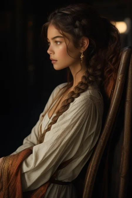 hyperrealistic art, bellissima, 1girl, In the shadowy stillness of a dimly lit room, sits on a worn leather chair. A single lamp, with its golden hue, casts a slender beam of light across her profile, revealing a delicate balance of light and shadow. The soft glow catches the edge of her jawline, tracing a graceful curve toward her ear. Her hair, dark and cascading, absorbs much of the light, except for a few strands that shimmer like threads of copper.