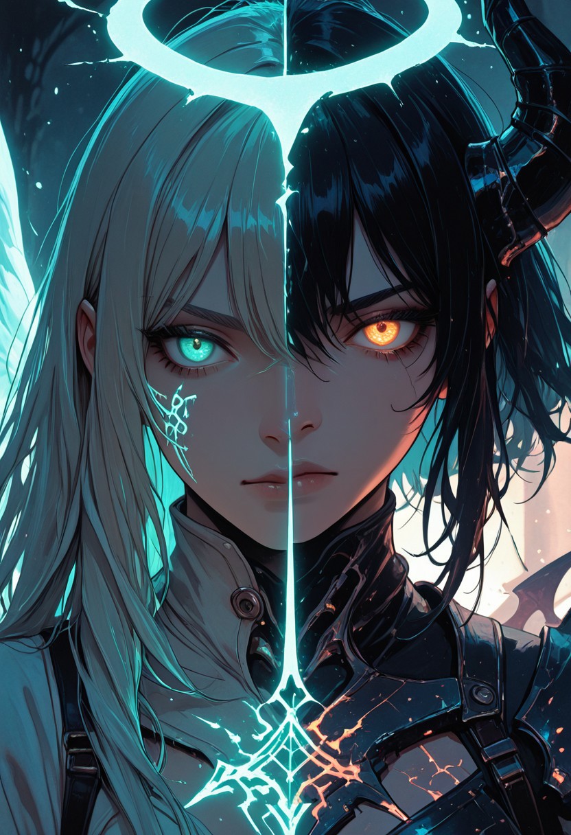 (masterpiece), (best quality), (8k), 2girls, angel and demon, intense stare-down, tension, glowing eyes, magical aura, emissive lighting effects, cinematic lighting, golden hour glow, divine vs infernal contrast, glowing halo above angel, broken or burning halo above demon, floating sparks, glowing tattoos or markings, glowing feathers vs shadowy wings, ambient light particles, symmetrical composition, high detail, soft shadows and light contrast, dramatic environment, detailed armor and flowing cloth, mystical energy in air,