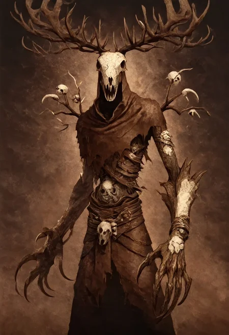 masterpiece, best quality, newest, absurdres, highres,  D3CSPS-V1.0, brown theme, sepia, no humans, monster, W3Leshen, antlers, skull, claws, monster, torn clothes, horns,
