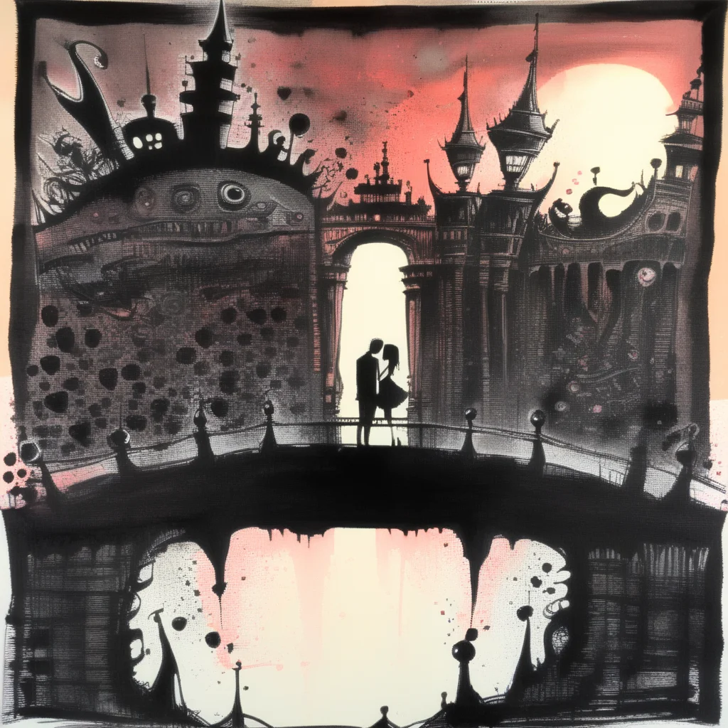 corcoc3s lovers on the bridge at sunset, black ink <lora:corcoc3s:1>