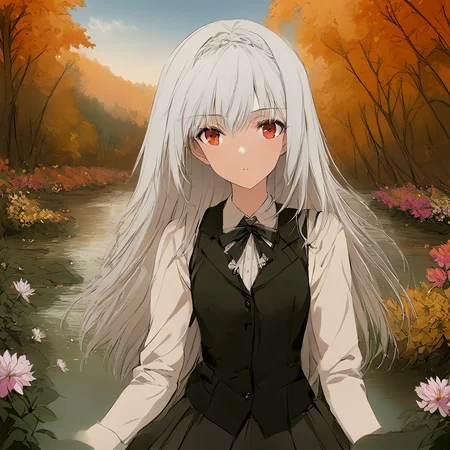 masterpiece,realistic,(flat color:0.5),impressionistic painting,  luna, (colorful flowers:1.2), forest, river, blue sky, waterweed, autumn, dusk, Slender flowers , detailed face, turning, vest, skirt, pantyhose,upper body, standing, looking at viewer, cloud,pole color,red eyes, white hair, <lora:Luna_Pony_test_after_3-000060:1>