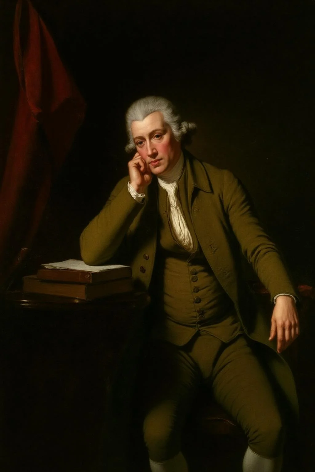 josephwright1 painting.
A man wearing a wig sits in a formal pose, dressed in a three-piece suit consisting of a waistcoat, jacket, and trousers. He rests his head on one hand while the other hand rests on his lap. A table to his left holds a stack of books. <lora:josephwright1_cap_d6a3e12:1.0><lora:849102810137002291:0>