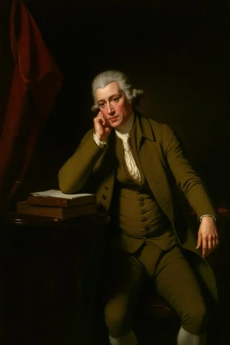 josephwright1 painting.
A man wearing a wig sits in a formal pose, dressed in a three-piece suit consisting of a waistcoat, jacket, and trousers. He rests his head on one hand while the other hand rests on his lap. A table to his left holds a stack of books. <lora:josephwright1_cap_d6a3e12:1.0><lora:849102810137002291:0>