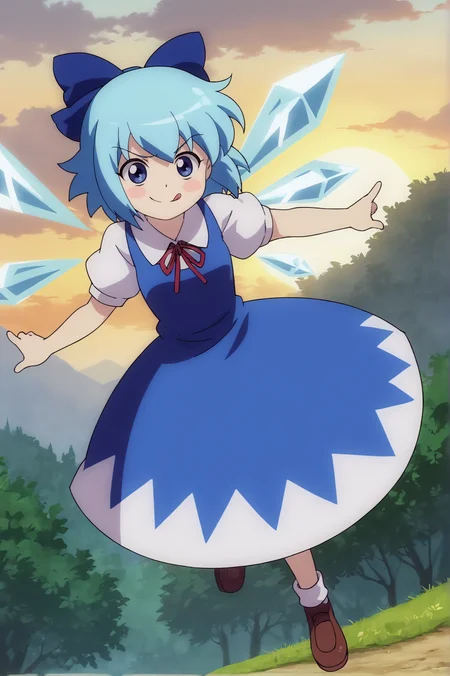 score_9, score_8_up, score_7_up,anime_source, source_anime, best background, detailed background, anime screencap, Cirno, blue bow, blue dress, dress, ice, ice wings, looking at viewer, smile, solo, v-shaped eyebrows, wings, flying, :p , fuck finger, middle finger, dynamic camera, tongue out, outdoors, <lora:JN_Cirno:0.8>