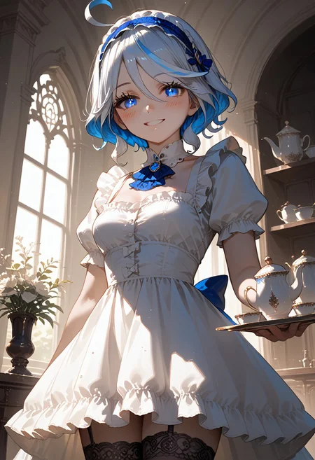 score_9, score_8_up, score_7_up, score_6_up, masterpiece, best quality, absurdres, cinematic, dynamic angle, perfect composition, solo, 1girl, medium breast, Furina, blue eyes, short hair, multicolored hair, white hair, blue hair, ahoge, hair intakes, frilly apron, black-and-white dress, headband, lace stockings, tea tray, refined posture, Victorian interior, smile, blush, looking at viewer,