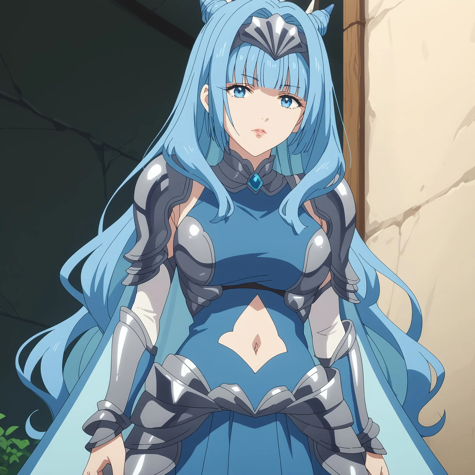 (score_9,score_8_up,score_7_up), anime_screencap, anime coloring, Pauldrons, Blunt bangs, Double bun, Hair bun, Adult, Blue eyes, Blue hair, Very long hair, Shoulder armor, 1girl, mature female, navel cutout, tall, skinny, large breast, boots, lips, horns
, anime screencap, <lora:f2197124-d7e9-4b1b-a6ea-4d451e07122e:1.0>, <lora:65cd618c-a9e0-4837-9c63-5ed3045c9874:1.2>