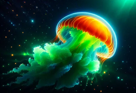 A translucent Sphere with a shrunken Universe forming from a powerful  quantum explosion , (the universe itself a living Jelly  lifeform), Cosmic  Fluorescent Colors  ,Dark Sci-fi ,, Subsurface scattering , Ray Tracing ,Rear Cosmic amibient   light mapping for deep space and Stellar lighting ,electric green , burnt orange , metallic candy apple red,tundra blue  ,8k UHD ,Masterfully rendered in frostbite by   Sithandwesson ,