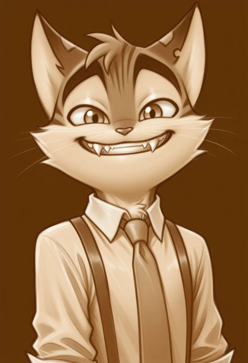 incredible quality, shiny skin, high quality, highres,rocky rickaby, furry, furry male, cat, solo, monochrome, male focus, 1boy, furry, furry male, sketch, smile, fangs, necktie, looking at viewer, teeth, sepia, whiskers, animal ears, collared shirt, upper body, shirt, evil smile