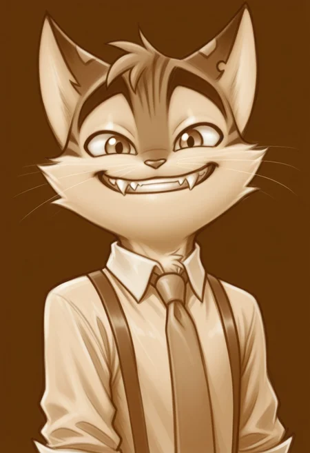 incredible quality, shiny skin, high quality, highres,rocky rickaby, furry, furry male, cat, solo, monochrome, male focus, 1boy, furry, furry male, sketch, smile, fangs, necktie, looking at viewer, teeth, sepia, whiskers, animal ears, collared shirt, upper body, shirt, evil smile
