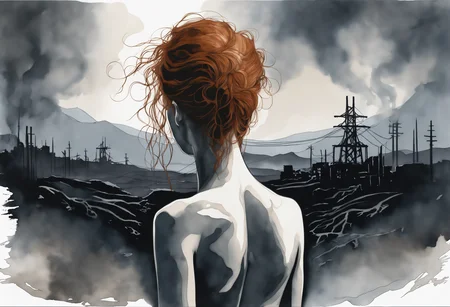 a watercolor painting of a female born from the ashes, from behind.
Her (ginger undone hair:1.2) covers part of her beautiful face and bare chest, cold blue eyes.
There is diffuse, misty and smoky atmosphere around her, giving the picture a menacing element.
The picture is painted in a monochromatic scheme, mainly with shades of black, white and gray.
(dystopian style, highly detailed, bleak, post-apocalyptic, somber, dramatic)
