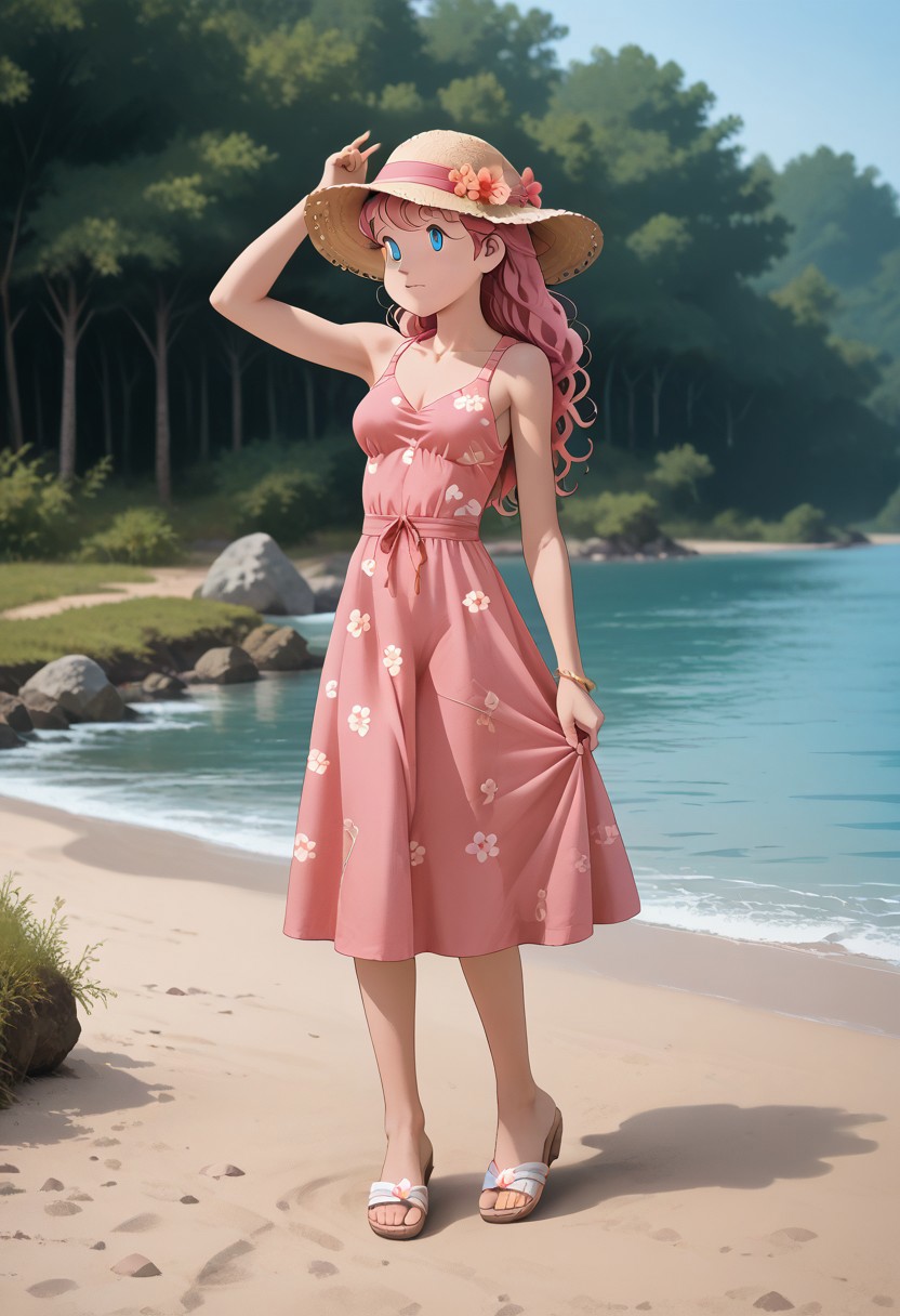 score_9_up, score_8_up, score_7_up, score_6_up, masterpiece, best quality, high quality, newest, highres, cote_style, 1girl, pink hair, long hair, blue eyes, medium breasts, summer dress, sandals, hat, outdoor, river