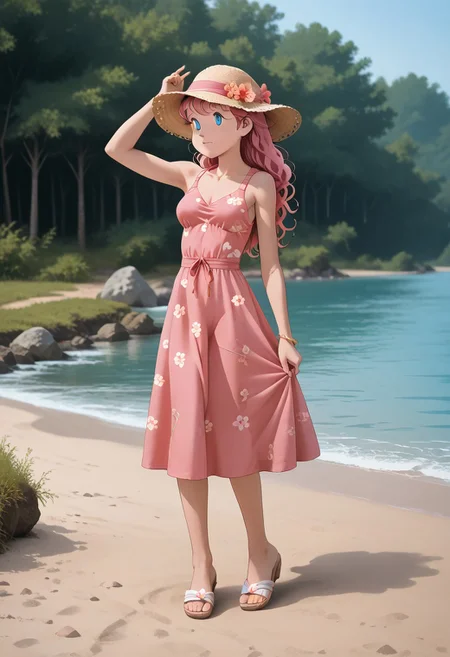 score_9_up, score_8_up, score_7_up, score_6_up, masterpiece, best quality, high quality, newest, highres, cote_style, 1girl, pink hair, long hair, blue eyes, medium breasts, summer dress, sandals, hat, outdoor, river