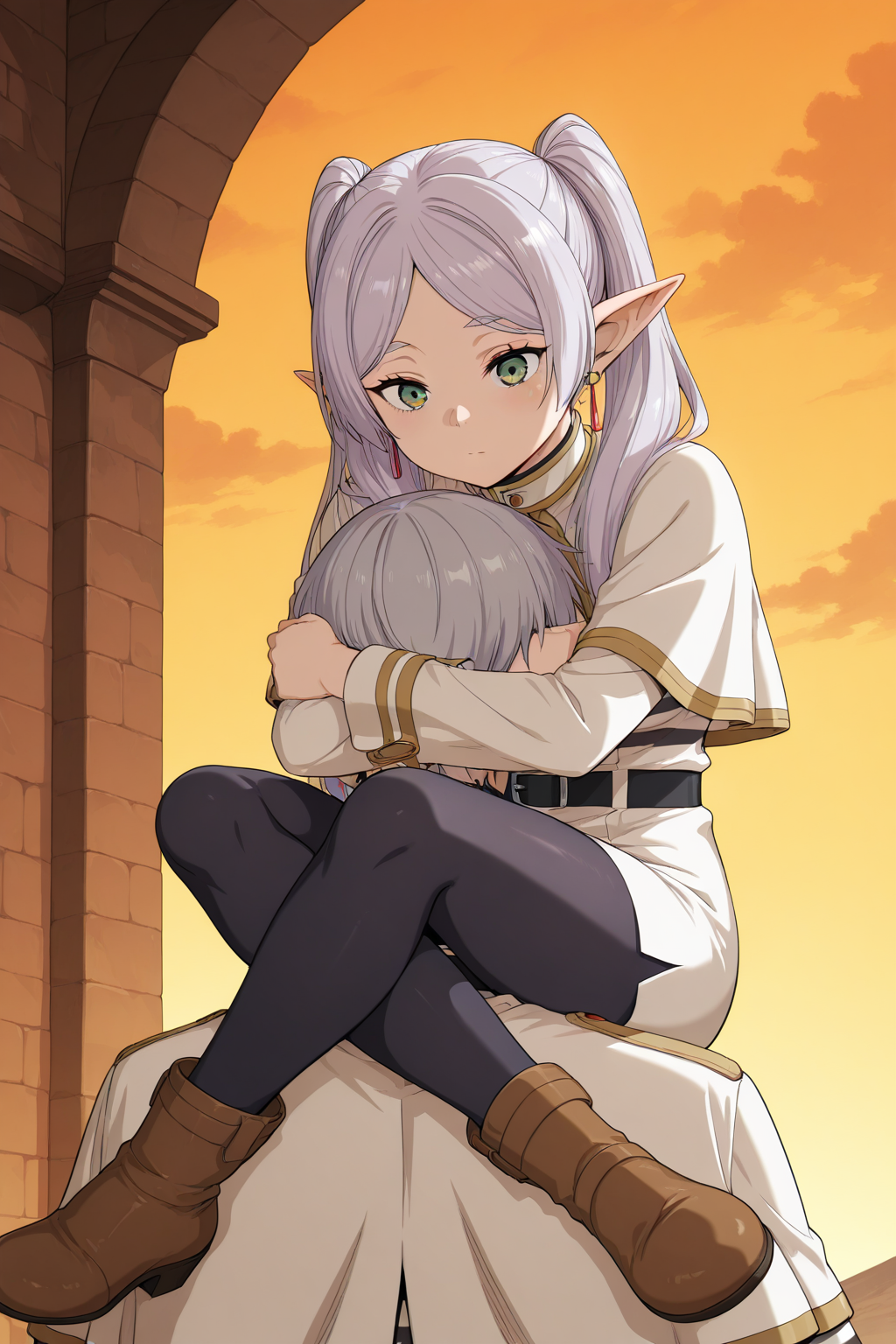 <lora:Reverse Shoulder Carry_Illustrious:1> Reverse Shoulder Carry,1girl,1boy,head lock,holding head,riding shoulder <lora:SousouNoFrieren_Frieren_IlluXL:1> FrierenCasual,grey hair, long hair, green eyes, twintails, parted bangs, earrings, pointy ears,small breasts,flat, striped shirt, white capelet, black belt, white skirt, long sleeves, black pantyhose,brown boots, breasts,digital illustration,1girl, masterpiece, best quality,highres,