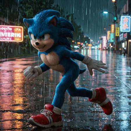 score_9, score_8_up, score_7_up, 1boy, solo, sonic the hedgehog, blur fur, hd, green eyes, running in tokyo, neon, reflections, raining, masterpiece, best quality, good quality, newest, very aesthetic, white gloves, blue body, green eyes, big head, red shoes, short tail, sonic movie, neo tokyo, hyper realistic, sky scrapers, neon signs, blue electric trail, sprinting, smiling, sonic movie, from side