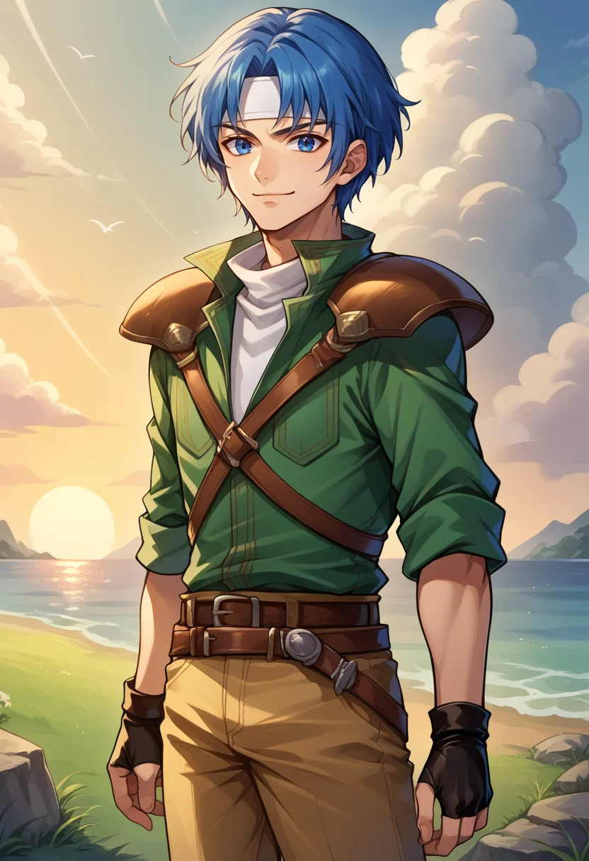 score_9, score_8_up, score_7_up, source_anime, BREAK, solo, 1boy, smirk, looking at viewer, <lora:Ronan-pdxl_Fp:1>, ronanfe5, blue hair, blue eyes, short hair, headband, green collared shirt, turtleneck, armor, shoulder armor, fingerless gloves, brown pants, belt, quiver, village, ocean, grass, sunset,