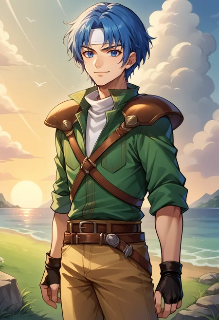 score_9, score_8_up, score_7_up, source_anime, BREAK, solo, 1boy, smirk, looking at viewer, <lora:Ronan-pdxl_Fp:1>, ronanfe5, blue hair, blue eyes, short hair, headband, green collared shirt, turtleneck, armor, shoulder armor, fingerless gloves, brown pants, belt, quiver, village, ocean, grass, sunset,