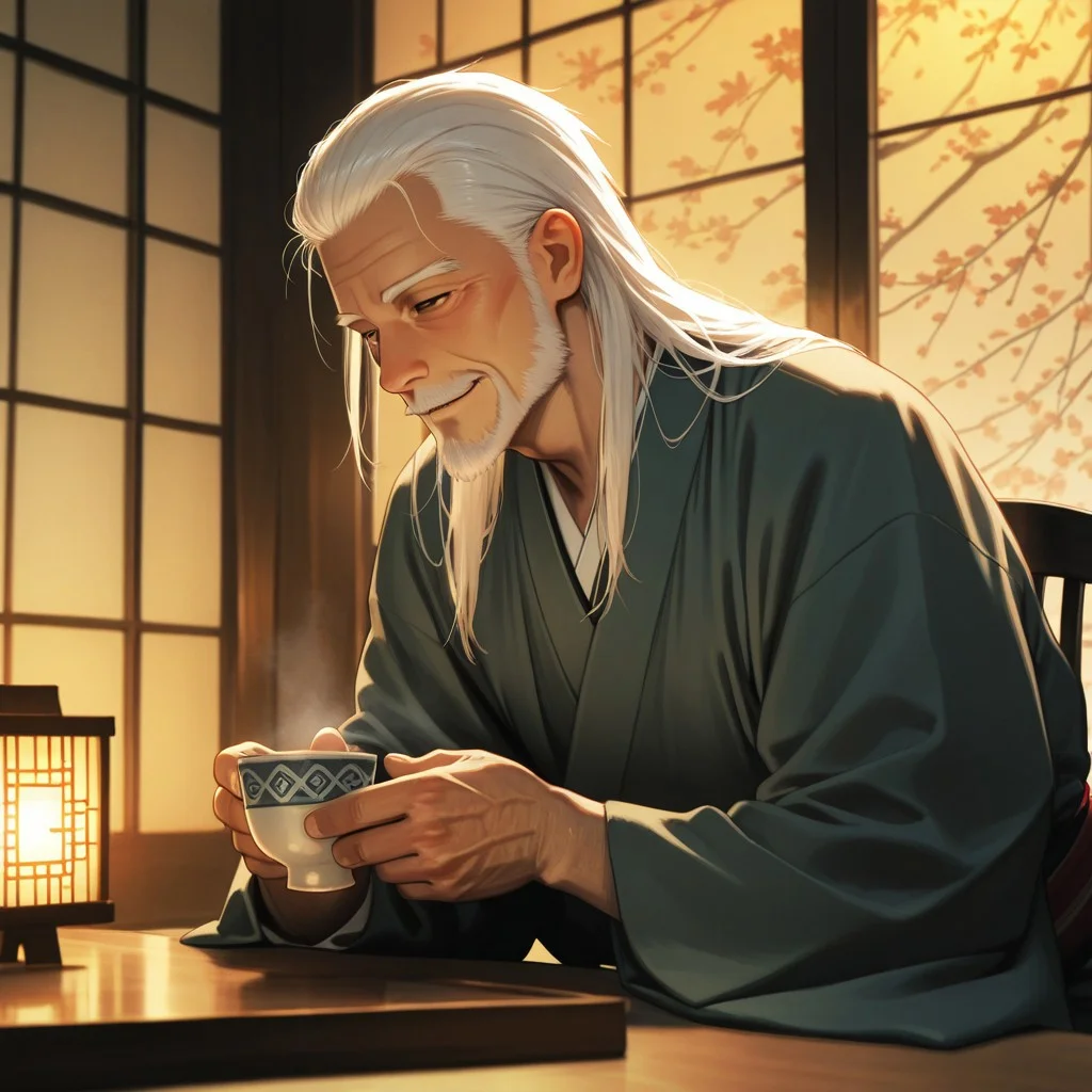 masterpiece, best quality, amazing quality, absurdres, newest, detailed background, definition so sharp, Ultra-HD, 8K cinematic, very awa, impressionate, amazing quality, highres,
solo, male focus, manly,
daikakukokujouji, lieutenant_white hair, lieutenant_brown eyes, 1boy, solo, old man, seated, gentle smile, long hair, traditional Japanese attire, kimono, tea cup, warm lighting, shoji screen, cozy atmosphere, storytelling, relaxed, wise, serene, contented, elegant