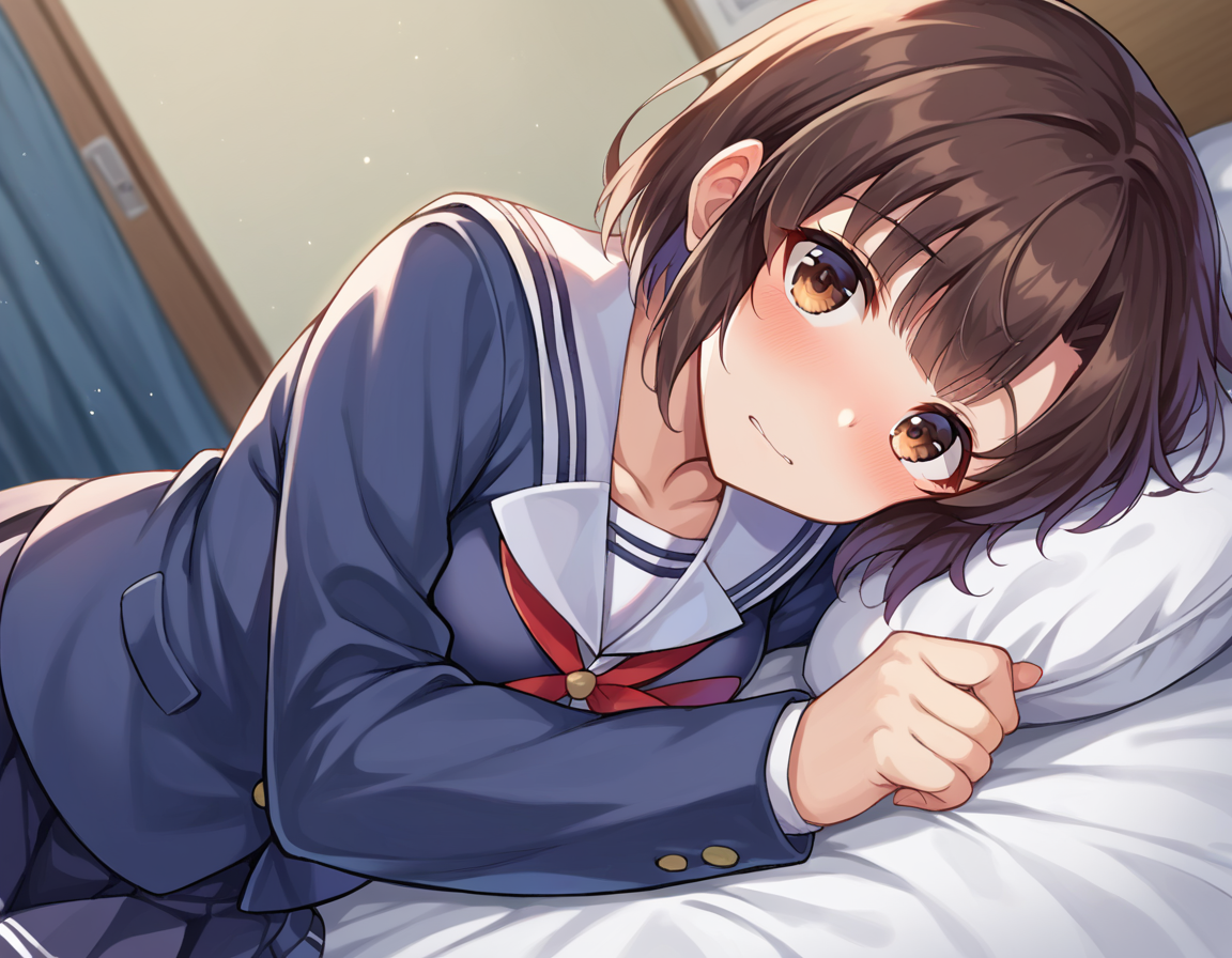 score_9, score_8_up, score_7_up, source_anime,
megumikatou, <lora:megumi-katou-ponyxl-lora-nochekaiser:1>
megumi katou, brown hair, brown eyes,
short hair, miniskirt, school uniform, skirt, sailor uniform, serafuku,
indoors, bed, bed room, on side, blush, drunk,
looking at viewer, dutch angle, cowboy shot,
