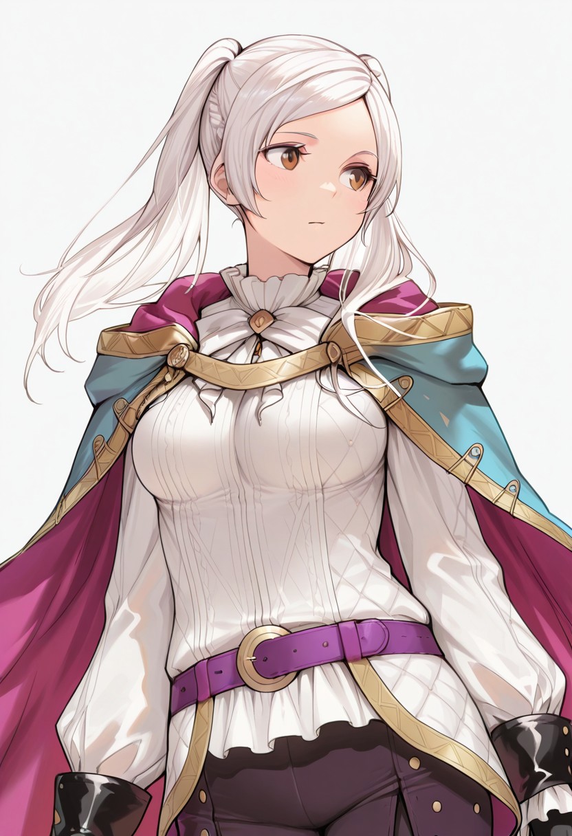masterpiece, best quality, 
  1girl, BraveRobin, long hair, white hair, twintails, brown eyes, shirt, long sleeves, gloves, pants, boots, cape, medium breasts,
upper body,
simple background,