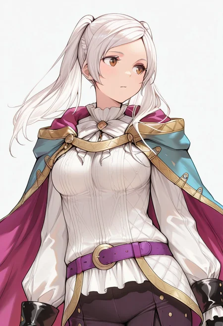 masterpiece, best quality, 
  1girl, BraveRobin, long hair, white hair, twintails, brown eyes, shirt, long sleeves, gloves, pants, boots, cape, medium breasts,
upper body,
simple background,