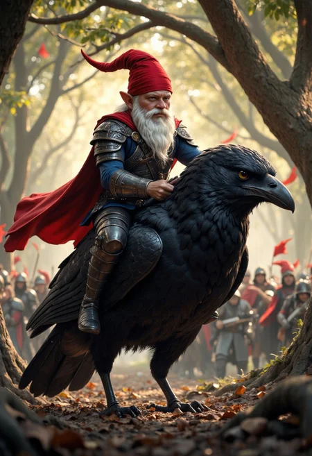 Create a photorealistic to war scene, one gnome boy riding a big crow. clear focus, high contrast, sharp, colorful, ultra high quality, 8k, best quality, masterpiece