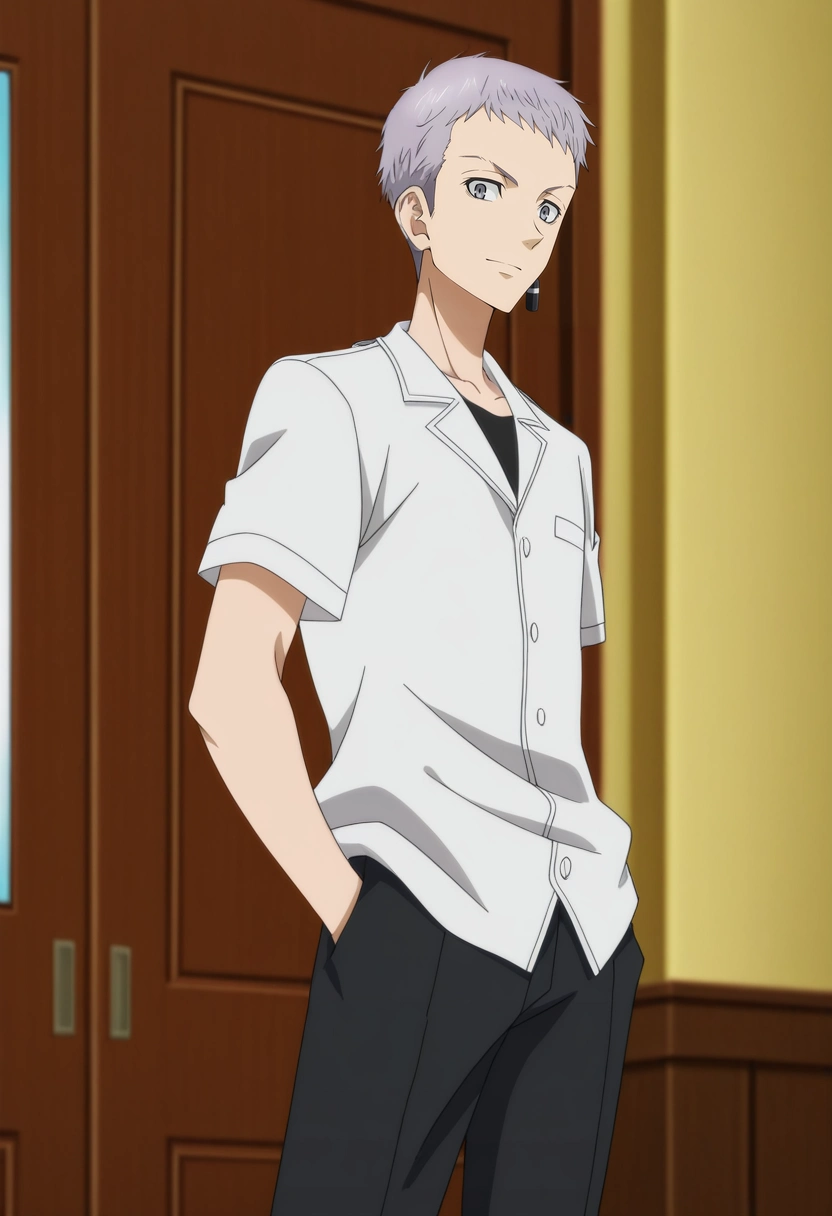 masterpiece, best quality, anime screencap, official style, anime coloring, cowboy shot, 1boy, solo, male focus, <lora:takashi_mitsuya_ilxl:0.92>, takashi_mitsuya, grey hair, grey eyes, short hair, single earring, , ,