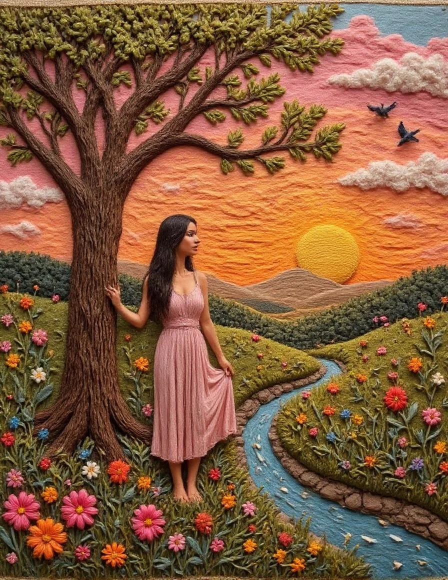 <lora:YarneyYarnYarnv2.safetensors:1>
In the golden twilight, a silhouette of a 35-year-old woman stands gracefully in the foreground. Her long, flowing hair cascades down her back, and she wears a loose, elegant dress that reveals her midriff and the curve of her legs. The dress is a soft, pastel hue that complements the warm tones of the setting. She stands with one hand resting on a sturdy oak tree, its branches reaching out like welcoming arms.
The woman is positioned to create a strong contrast against the luminous background. The sky is a mesmerizing blend of oranges, pinks, and purples, with the sun setting on the horizon, casting a golden glow that highlights the gentle curves of the landscape. The gradient of colors transitions smoothly into cooler blues and greens, adding depth and a sense of calm. The scene is filled with minute details: scattered wildflowers dot the grass, a gentle stream winds its way through the foreground, and distant birds fly lazily across the sky, their silhouettes adding a touch of movement.
The woman’s dress and the natural elements are rendered with soft, delicate textures, enriching the scene without overwhelming it. The oak tree’s bark and leaves are finely detailed, and the grass is speckled with dew, catching the last light of the day. The overall composition exudes a wistful, serene mood, evoking a sense of quiet harmony and reminiscence.
The medium is oil on canvas, capturing the rich, saturated hues of the twilight and the subtle textures of the natural world. The background is a gentle, rolling landscape, with distant hills and a forest that fades into a soft, atmospheric mist. The setting is a tranquil, picturesque scene that resonates with a dreamy, picturesque charm, inviting the viewer to lose themselves in the romanticized beauty of the moment.