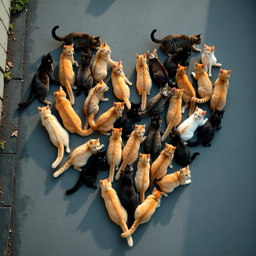 a mass of many cats seen from above,together forming a well-pronounced shape of a heart on a street,