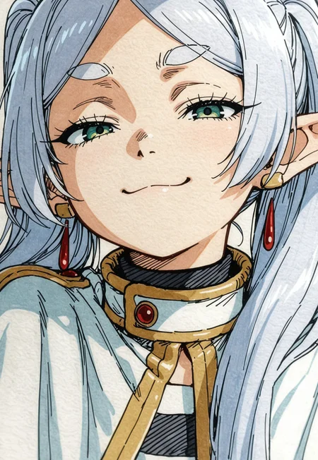 masterpiece, best quality, 
1girl, frieren, close up, looking at viewer, color sketch
rough sketch, traditional media, linear hatching, smug