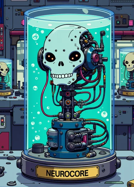 <lora:ck-nc-pastel-cyberpunk:1.1>, A digital artwork in the style of cknc, image of Cyborg as a 'living head in a jar,' inspired by the Futurama series. The head should be in a clear jar filled with a bright blue liquid, with exaggerated tubes and wires connected to it, adding a humorous and whimsical touch. The jar should sit on a metallic stand with a bold, simple nameplate on the front that reads 'NEUROCORE.' The background should be a colorful, futuristic lab with other similar cartoon jars, maintaining a playful and light-hearted tone.
 anime style, key visual, vibrant, studio anime, highly detailed
 <lora:Living_Head_In_A_Jar_Flux:0.8>
