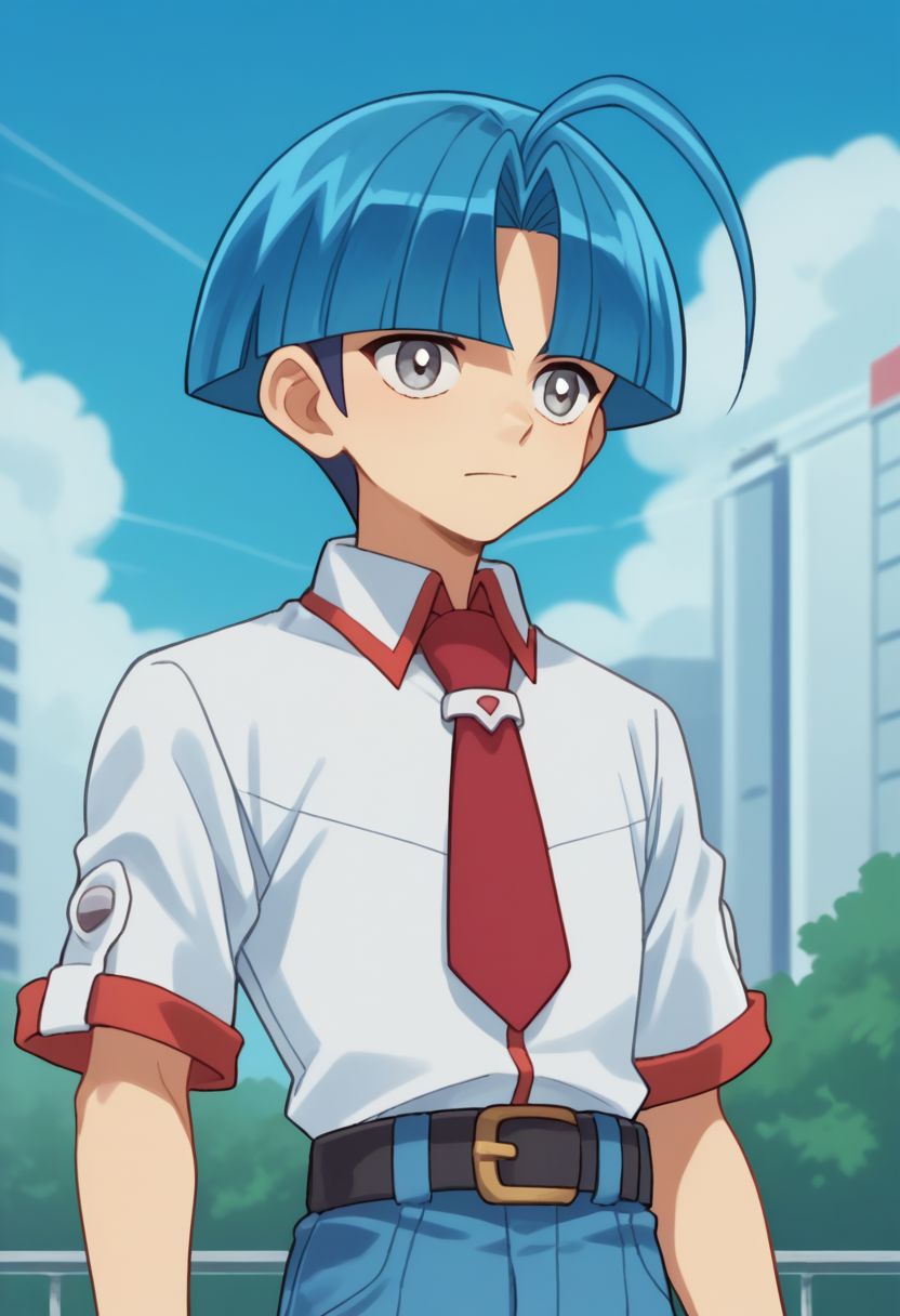 score_9, score_8_up, score_7_up, source_anime, highly detailed, 
caswell, 1boy, male focus, solo, blue hair, necktie, ahoge, red necktie, grey eyes, belt, shirt, school uniform, bangs,  blue pants, pants, white shirt,
outdoor, sky, upper body,