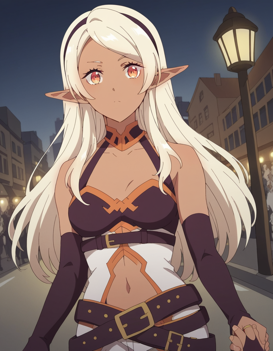 score_9, score_8_up, score_7_up, source_anime, <lora:farming-isekai-ya-s1-ponyxl-lora-nochekaiser:1>, ya, long hair, white hair, hairband, pointy ears, dark skin, dark-skinned female, orange eyes, black hairband, elf, dark elf, medium breasts,, gloves, navel, bare shoulders, collarbone, elbow gloves, belt, bridal gauntlets, navel cutout,, city street, evening, streetlights, walking dog, quiet neighborhood, gentle breeze, , looking at viewer, hand holding a pencil, solo,, cowboy shot, dutch angle