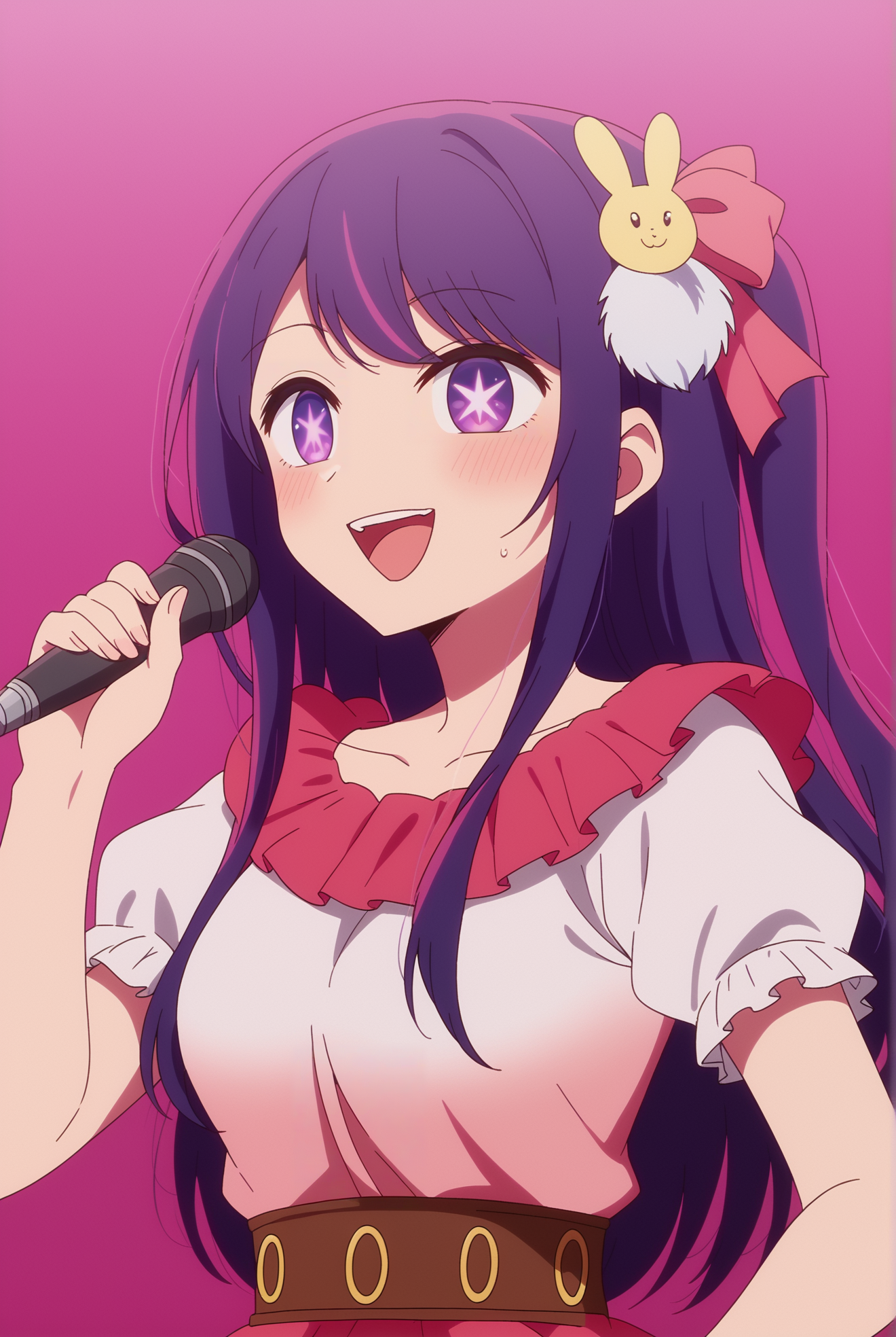 <lora:Ai_Hoshino:0.8>, Ai Hoshino, 1girl, dress, ribbon, purple eyes, pink hair, hair ribbon, purple hair, multicolored hair, sidelocks, frills, puffy sleeves, star \(symbol\), streaked hair, puffy short sleeves, symbol-shaped pupils, upper teeth only, swept bangs, one side up, pink background, frilled dress, frilled sleeves, pink dress, microphone, pink ribbon, music, star-shaped pupils, holding microphone, idol, rabbit hair ornament, singing, idol clothes,