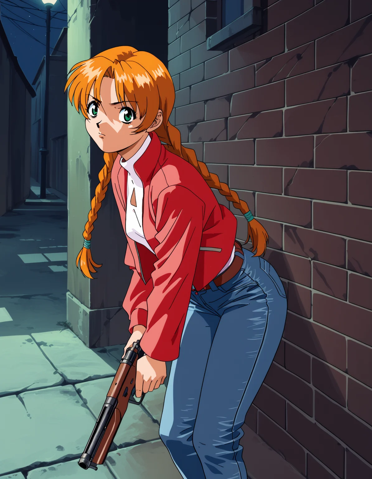 score_9, score_8_up, score_7_up <lora:jota-extend-ponyxl:0.6> 1girl, solo, jota, green eyes, orange hair, twin braids, red jacket, jeans, shotgun, alley, hiding, intense, night, outdoors, retro artstyle