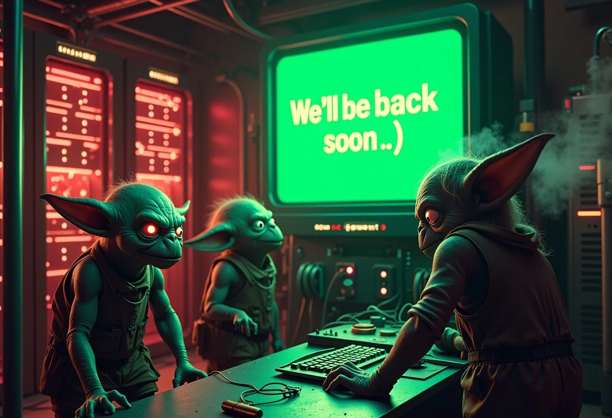 ultra realistic, horror, painting, a group of cartoonish goblins is rushing to repair a complex server room with light bulbs emitting in different colors, You can see that the overheated machine starts to smoke.  complex wiring all over the place, in the center top a big green monochrome screen with the words "We'll be back soon :)" and a Goblin scratching his head looking at the monitor,  detailed digital art style, vibrant colors, masterpiece, extremely detailed