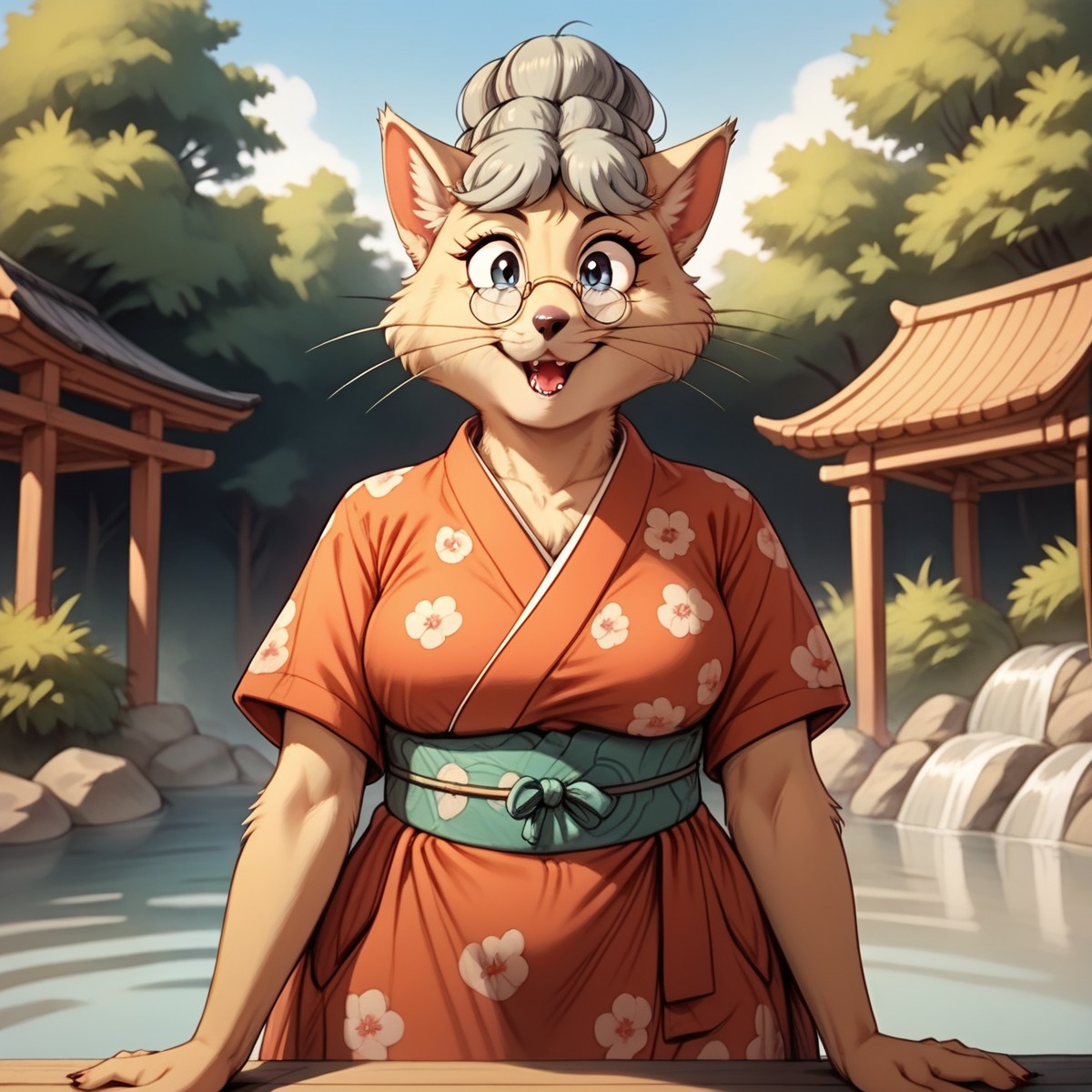 score_9, score_8_up, score_7_up, score_6_up, score_5_up, score_4_up,
source_furry,
masterpiece,
shading,
cartoon,
1girl,
solo,
female,
furry,
furry female,
cat,
feline,
Aunt_Polly, solo, 1girl, glasses, open mouth, furry, fat, round eyewear, whiskers, animal ears, looking at viewer, teeth, simple background, furry female, short sleeves,
 <lora:Aunt_Polly_Tom_Sawyer_2000_Pony_SDXL:1> aunt_polly,
 <lora:90s4n1m3XLP:1> 90s4n1m3, kimono,
colored kimono,
Yukata ,
japanese,
green tea,
onsen