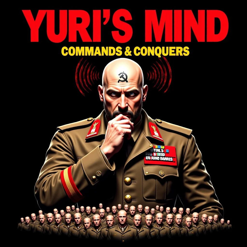 realistic, digital art poster, title red text:"Yuri's Mind" 2nd line yellow text:"Commands & Conquers", Udo Kier mature bald without any hair on head, no eyebrows, shaved eyebrows, gray eyes, eyes wide open, serious intimidating ,pursed lips, brown Van Dyck facial hair style (long goatee & moustache), tattoo on center forehead Gray text:"רו﷿", enlarged forehead, metal band on tip of head , hand on chin. portrait pose, looks at viewer, side pose,shoulder turned to viewer, he is wearing brown soviet military uniform with red shoulder straps from Red Alert 2, red radio waves circle lines are coming from his head . Behind and below him there are many lines of bald men with head down, shadow cover their faces . black background or military world map.
aidmaTextImprover